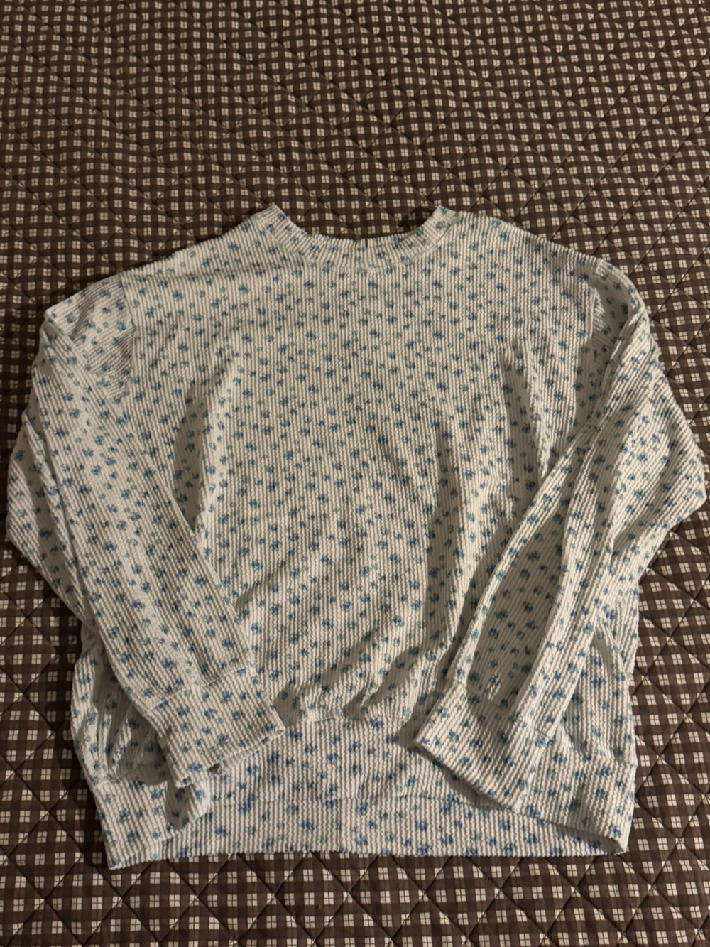 Peach Love California Cream Sweater with Light Blue Floral Pattern